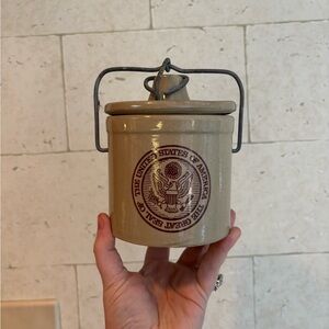 stoneware cheese crock with the Great Seal of the United States of America